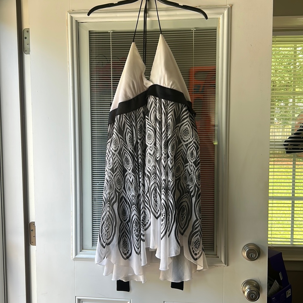 Black and white peacock feather print with satin black bow halter dress